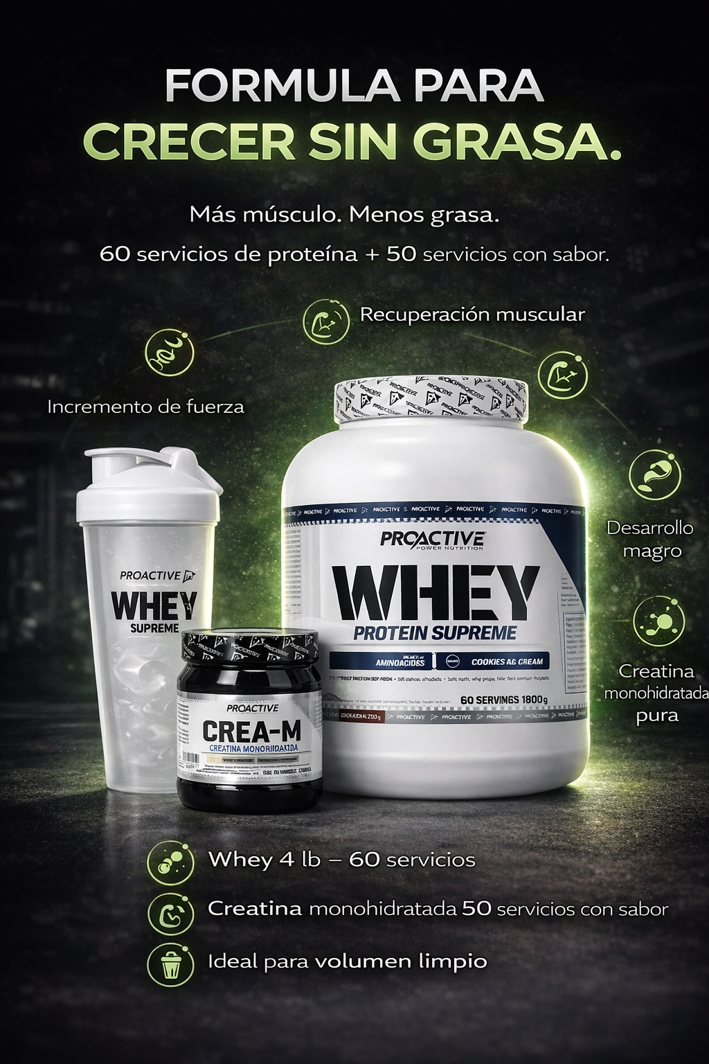 COMBO PROTEÍNA WHEY 4 LB + CREATINA MONOHIDRATADA 50 SERVICIOS CON SABOR | MASA MUSCULAR LIMPIA + VASO MEZCLADOR GRATIS - Imagen 2